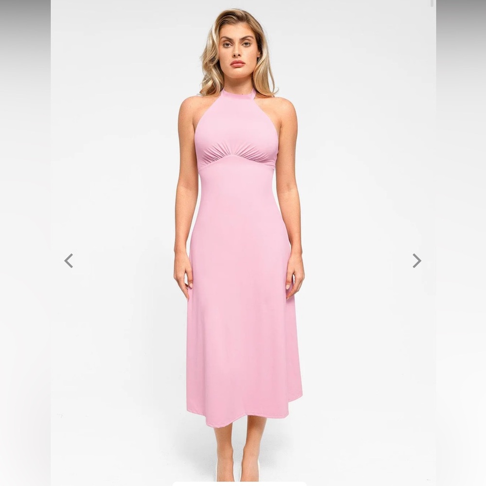 Popilush Pink Built-In Shapewear Halter A-Line Midi Dress